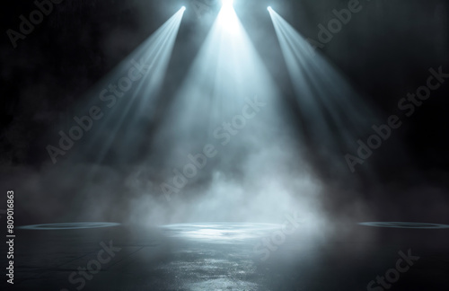 Abstract image of dark foggy room concrete floor Black room or stage background for product placement