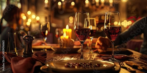 An image of a couple enjoying a romantic dinner at a restaurant, with candlelight, wine glasses, and affectionate gestures, creating a romantic and intimate atmosphere