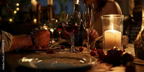 An image of a couple enjoying a romantic dinner at a restaurant, with candlelight, wine glasses, and affectionate gestures, creating a romantic and intimate atmosphere photo