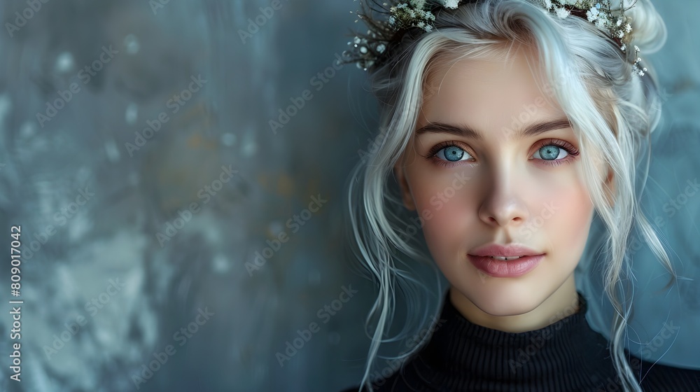 Conceptual Portrait of a Serene and Ethereal Woman with Frosty White Hair and Crown Embodying Wisdom and Wonder
