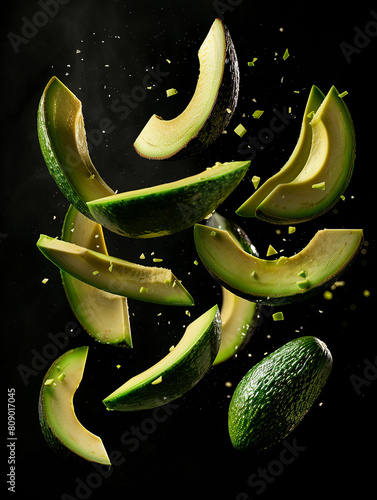 Delicious-looking image of avocado fruit slices, flying in the air. Isolated on a dark background. 