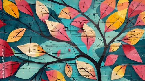 Urban art close-up of graffiti tree with lush leaves and branches  brightly lit on an isolated wall background for clarity