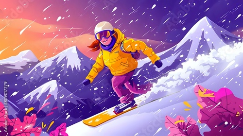 Dynamic woman carving through snowy mountains with a rush of wind and grandeur