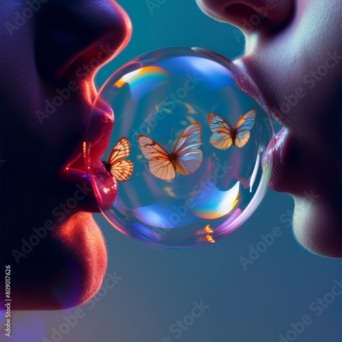 Magical scene with two people blowing a shiny bubble harboring delicate butterflies, accentuated with red and blue hues photo