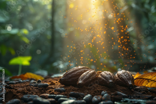 An ethereal scene of cocoa beans transforming into chocolate mist, enveloping the surroundings in a soothing yet energizing aura,