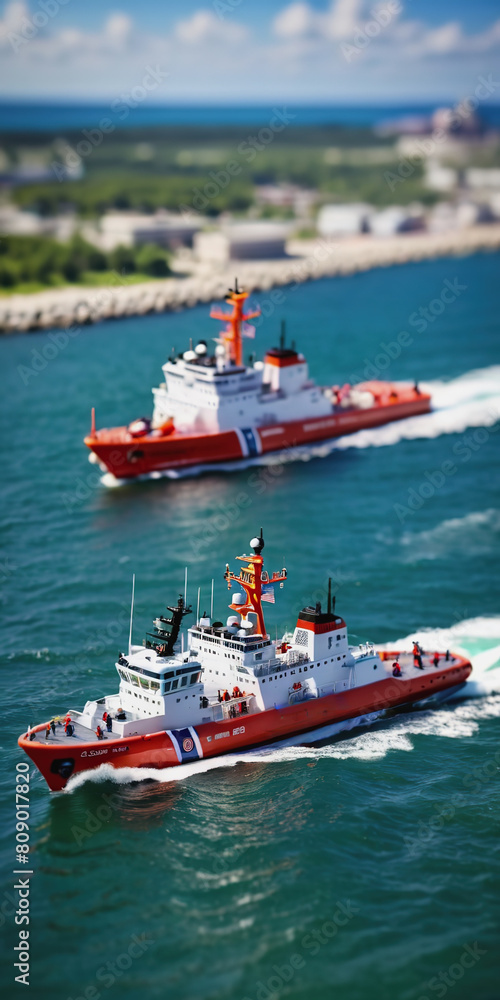 Fototapeta premium A Coast Guard boat cleaves the waves of the sea. Sunny weather. U.S. Coast Guard Day