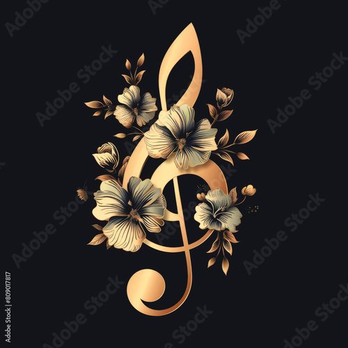 Floral decorative golden treble clef, patterned musical sign. photo