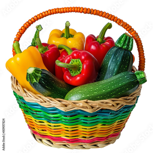 Vibrant bell peppers and zucchinis arranged in a colorful basket, isolated.

