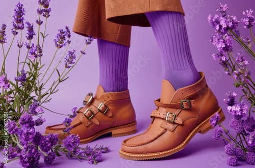 Trendy brown leather shoes with buckles set amidst purple flowers and a lavender background