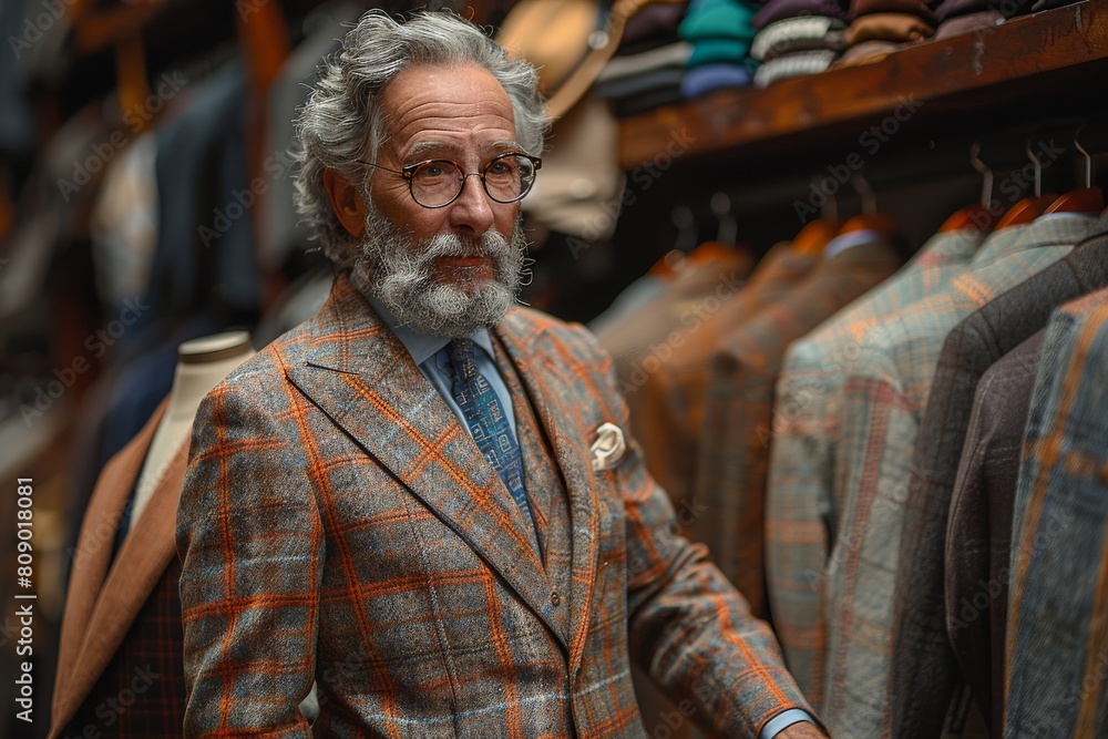 Sophisticated elderly gentleman browsing through suits in a luxury clothing store with a discerning eye Sophisticated elderly gentleman browsing through suits in a luxury clothing store with a discerning eye