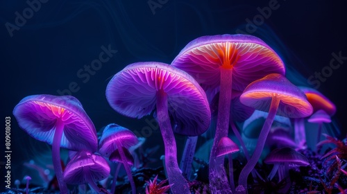 Surreal neon purple mushrooms with glowing pink and orange lights, radiating magic on a perfectly black backdrop
