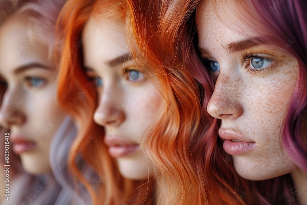 Close-up side profiles of women with wavy, naturally-colored hair from light to dark Close-up side profiles of women with wavy, naturally-colored hair from light to dark