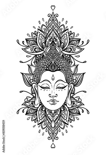 Vector Buddha head with ornamental floral, ethnic art, patterned Indian paisl...