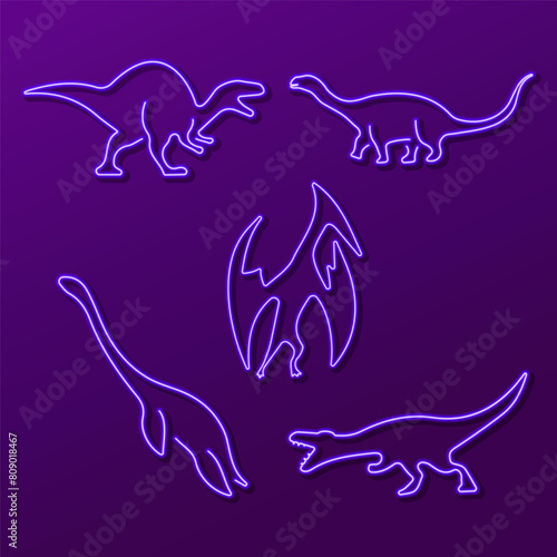 dinosaur group of neon icons, vector illustration on black background.