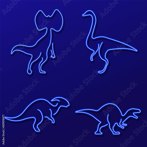 dinosaur group of neon icons, vector illustration on black background.