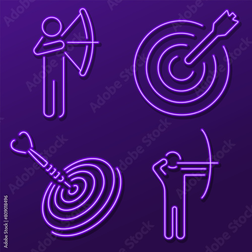 accuracy group of neon icons, vector illustration, on a black background.