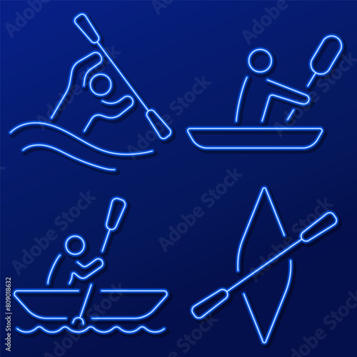 canoe group of neon icons, vector illustration, on black background.