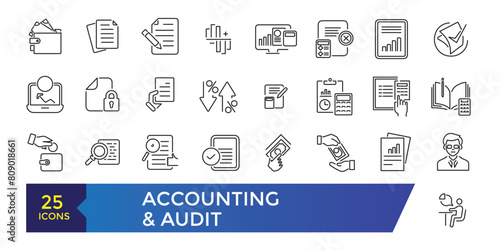 Accounting and audit icon collection. Business symbols. Editable stroke.