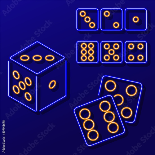 dice group of neon icons, vector illustration on black background.