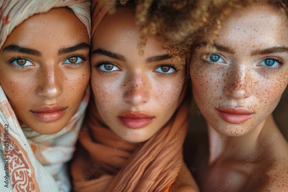An intimate close-up capturing three women with diverse backgrounds, all adorned with beautiful freckles An intimate close-up capturing three women with diverse backgrounds, all adorned with beautiful freckles