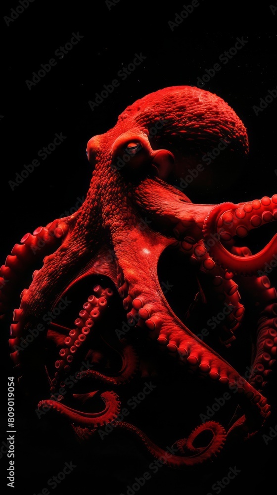 Naklejka premium Vivid red octopus against a dark background