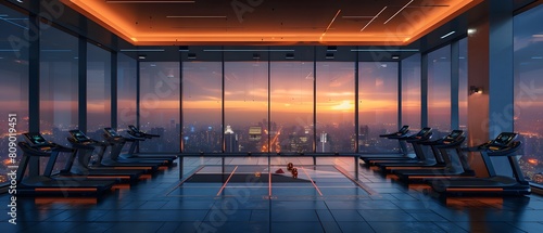 High-end luxury fitness in a high-rise building Looks comfortable with a large mirror. The city view outside is very beautiful. Ideal for use as design inspiration for designers or property owners.