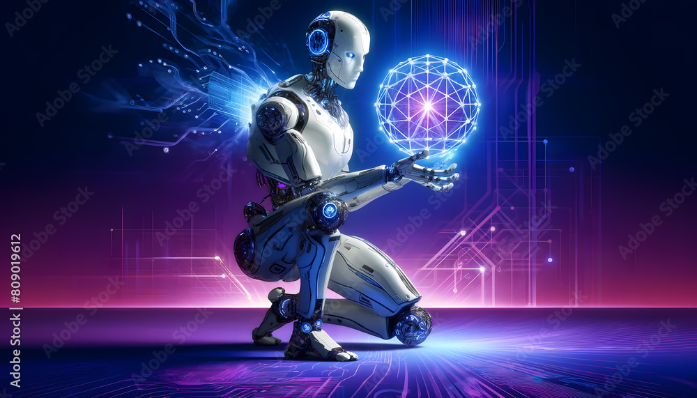 Naklejka premium The robot features sleek white and blue panels, holding a glowing geometric sphere, surrounded by a swirl of ethereal particles and subtle light effects.