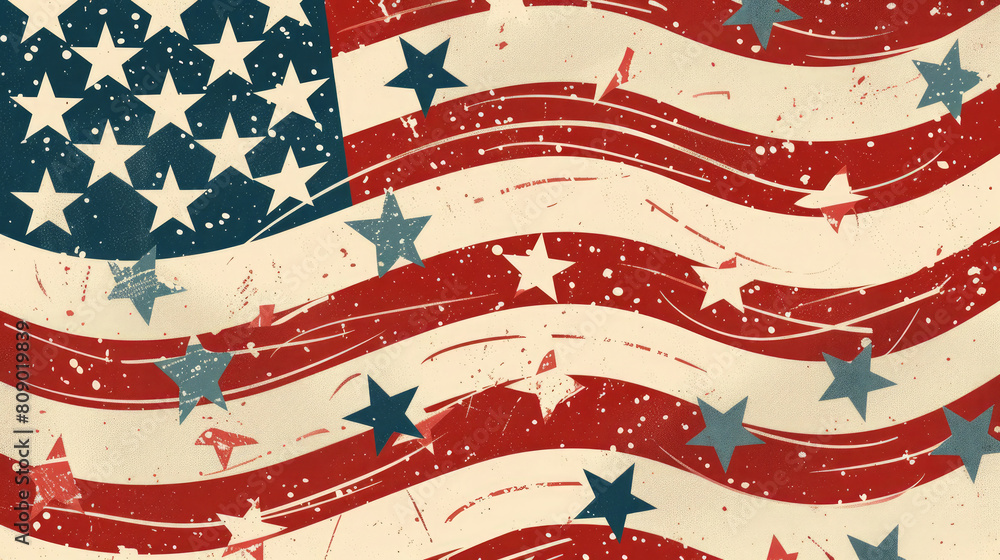 Fototapeta premium Image of flag with stars, stars and stripes, patriotic Americana, Fourth of July celebration, American flag, patriotism, artistic illustration