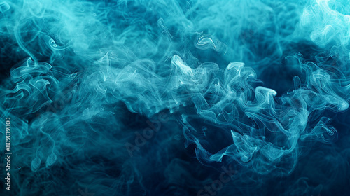 Smoke billowing in a pattern that mimics the rolling waves of the ocean, in shades of dark blue and aqua, set against a deep sea-blue background.