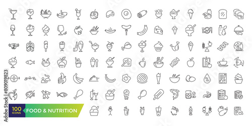 Food and nutrition icons set. Editable stroke pack. Outline icons collection.