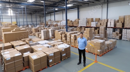 Male delivery serviceman standing in a postal service warehouse. Cardboard boxes with parcels from online stores at the post office.