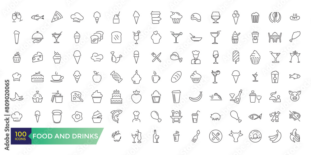 Food and drinks icons collection. Set of more thin line icons. Food and drinks black icons.
