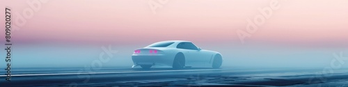 Futuristic Blue Electric Sports Car Surfing Over Tranquil Sunset Ocean