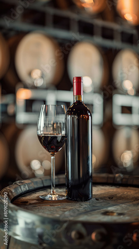 Red wine bottle mock up on on top of an old barrel  rows of barrels inside a winery or castle-like building  copy space and place for logo