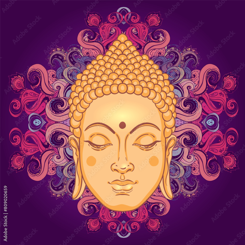 Buddha face over ornate mandala round pattern. Esoteric vintage vector illustration. Indian, Buddhism, spiritual art. Hippie tattoo, spirituality, Thai god, yoga zen Coloring book pages for adults. Buddha face over ornate mandala round pattern. Esoteric vintage vector illustration. Indian, Buddhism, spiritual art. Hippie tattoo, spirituality, Thai god, yoga zen Coloring book pages for adults.
