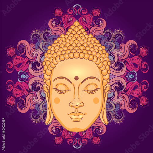 Buddha face over ornate mandala round pattern. Esoteric vintage vector illustration. Indian, Buddhism, spiritual art. Hippie tattoo, spirituality, Thai god, yoga zen Coloring book pages for adults.