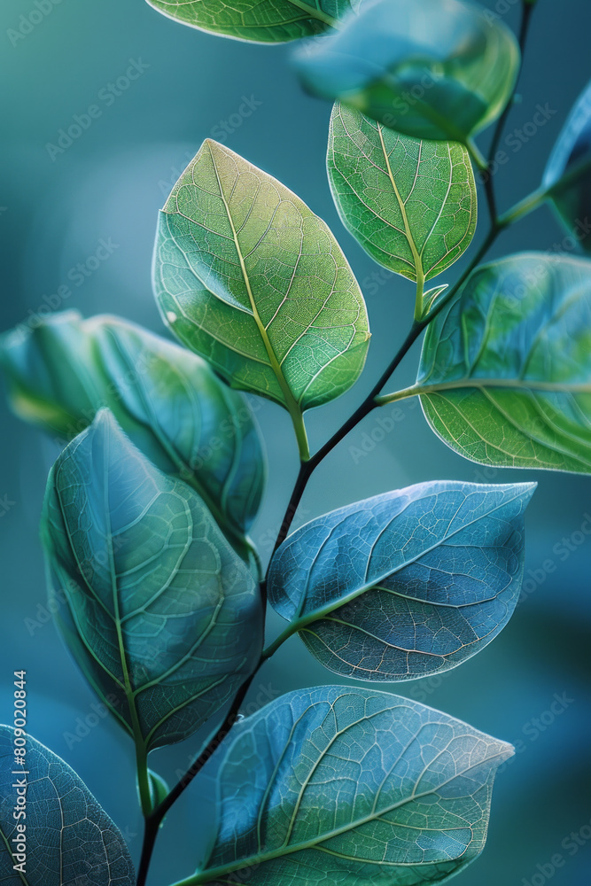 Obraz premium An abstract depiction of tea leaves transitioning into soft, flowing ribbons of calming blues and greens,