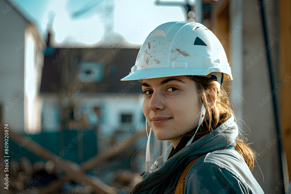 Portrait of a female construction worker wearing a hard hat and smiling at a construction site symbolizing empowerment Portrait of a female construction worker wearing a hard hat and smiling at a construction site symbolizing empowerment