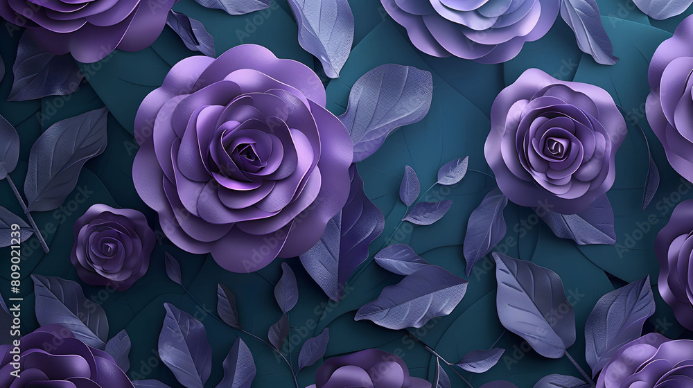 3d wallpaper, roses and leaves on dark teal background 3d wallpaper, roses and leaves on dark teal background