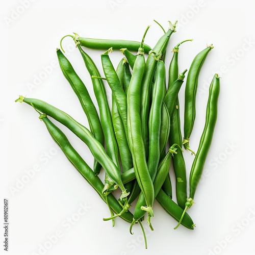 A handful of fresh green beans on a white background.
