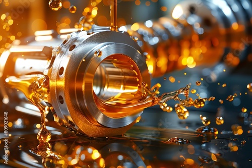 A closeup of a machine part being lubricated with golden oil. photo