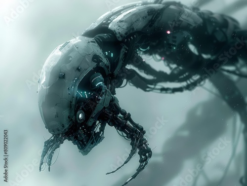 Design a detailed concept art of a robotic creature inspired by a mix of insect and arachnid features photo