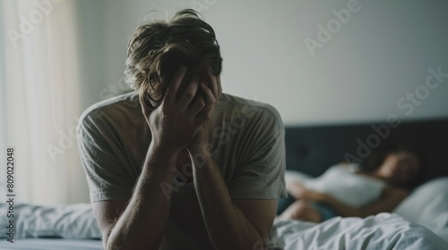Depressed man sitting and covering his face on bed while having problems with girlfriend.
