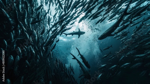shark swimming surrounded by fish