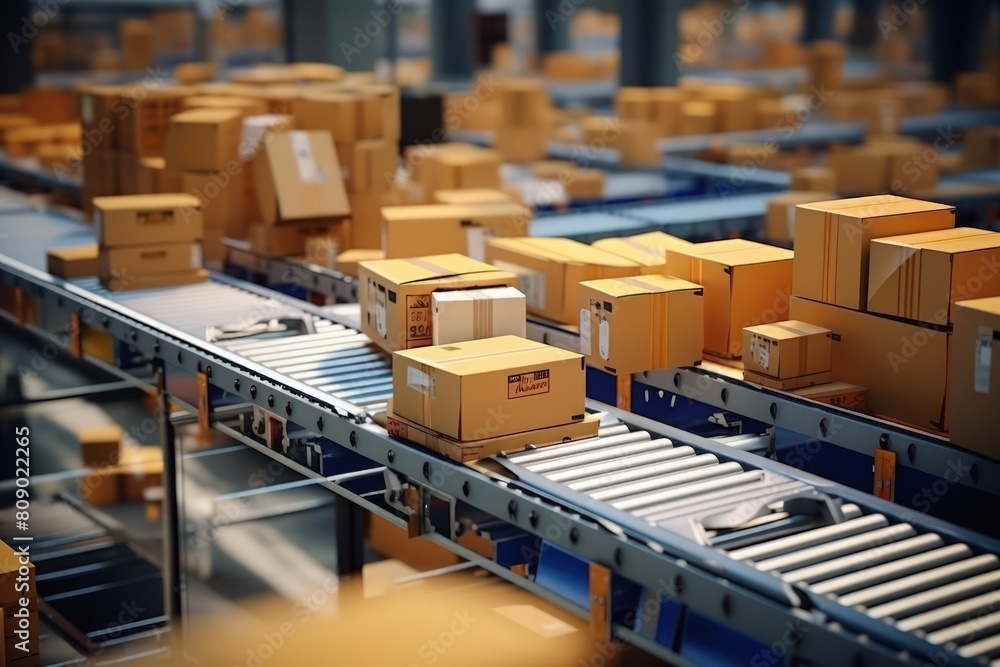 Postal automation. View of a conveyor belt with cardboard boxes with parcels. Automation of work to speed up the work of delivery. Postal automation. View of a conveyor belt with cardboard boxes with parcels. Automation of work to speed up the work of delivery.