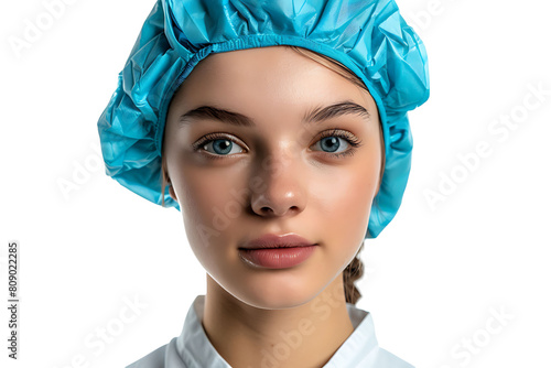 Close up of female wearing medical cap, getting ready for filler injection on isolated transparent background