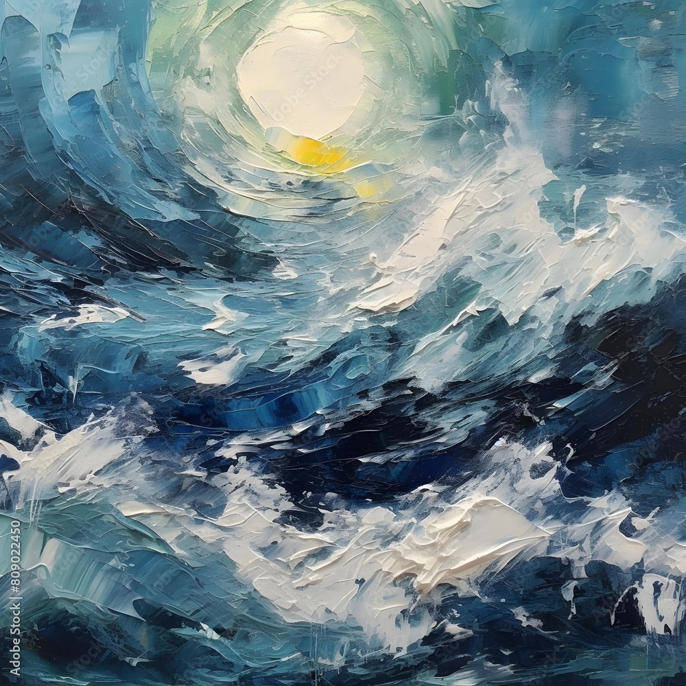 Abstract oil painting on canvas. Seascape with sea and sun.