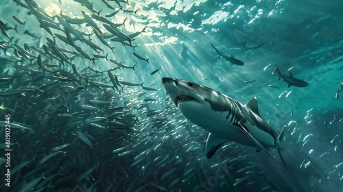 shark swimming surrounded by fish or sardines in the sea