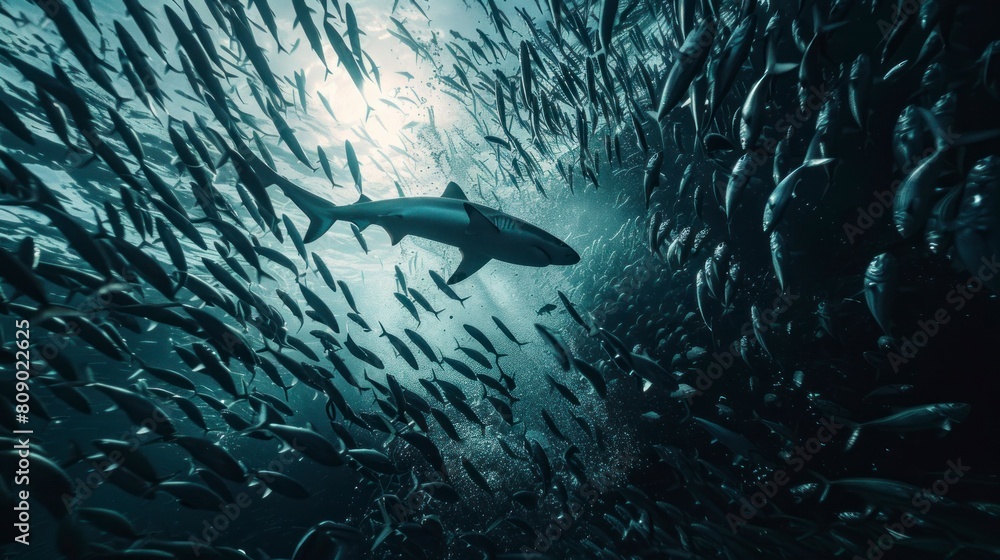 shark swimming surrounded by fish or sardines in the sea in high resolution