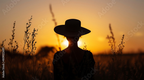 Woman in hat silhouetted against sunset in a field © cac_tus